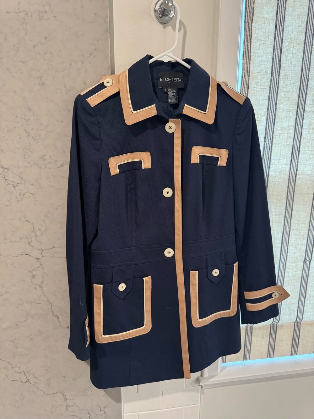 Etcetera Navy Jacket with Tan Trim Accents
